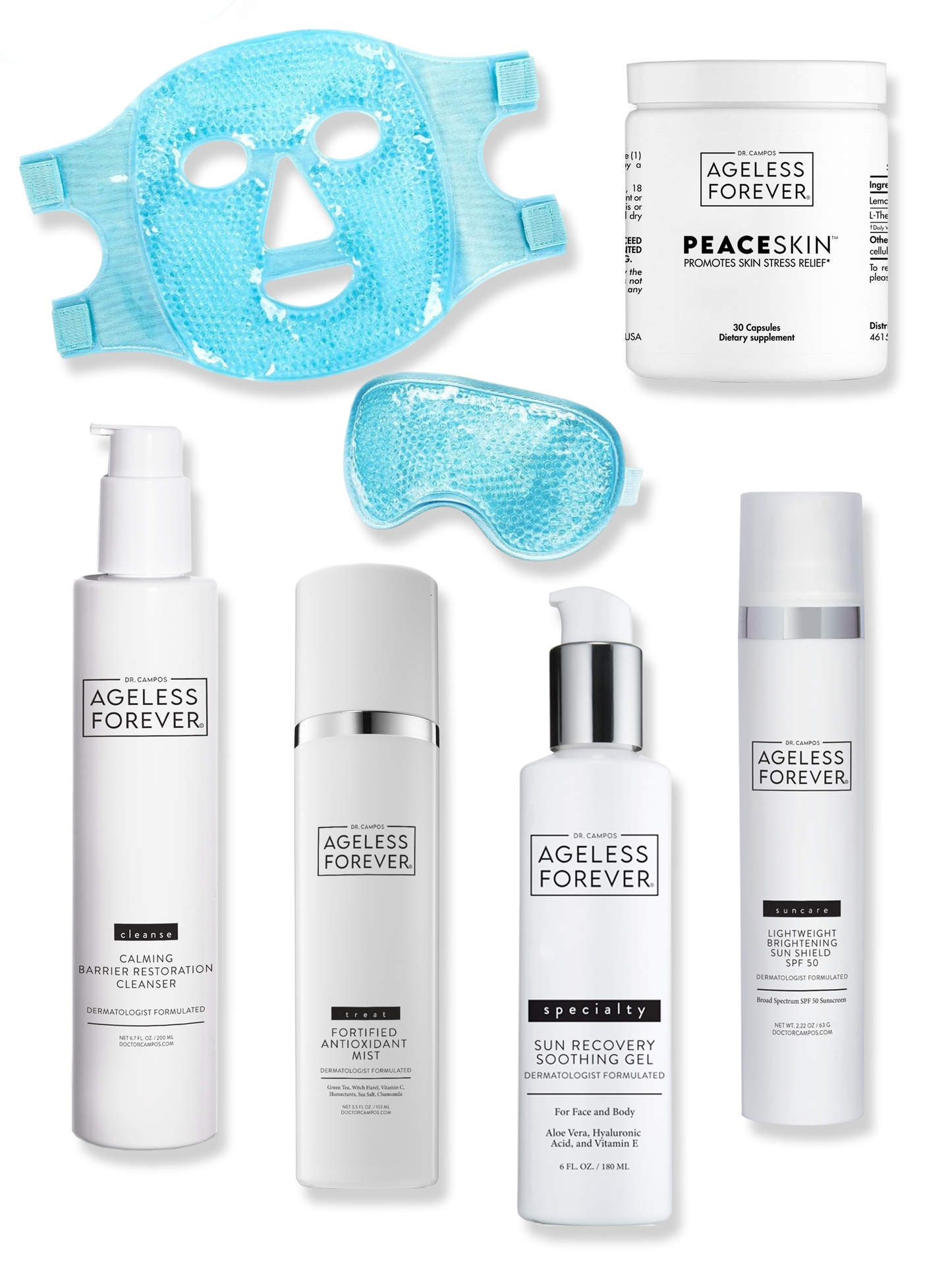 Post-Laser Recovery Skincare Set – cleanser, antioxidant mist, SPF 50, soothing gel, and PeaceSkin™ supplement by Ageless Forever