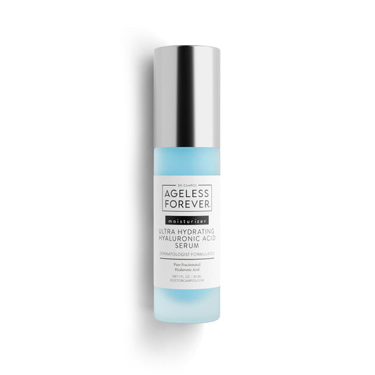 Ultra Hydrating Hyaluronic Acid Serum bottle – antioxidant and peptide-rich hydration booster by Ageless Forever
